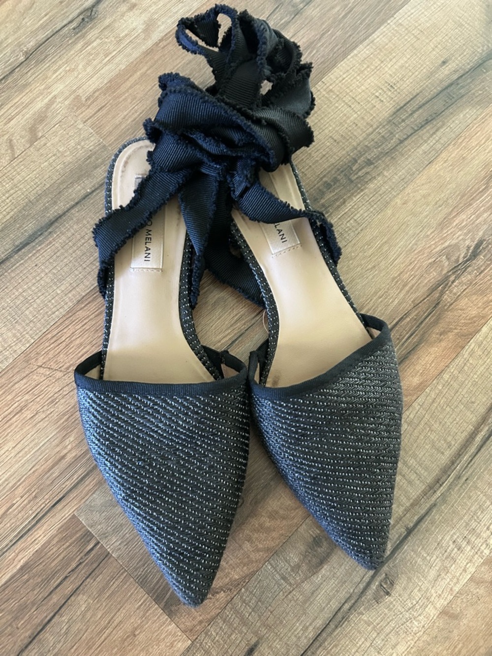 Black Pointed Toe Ankle Tie Flats